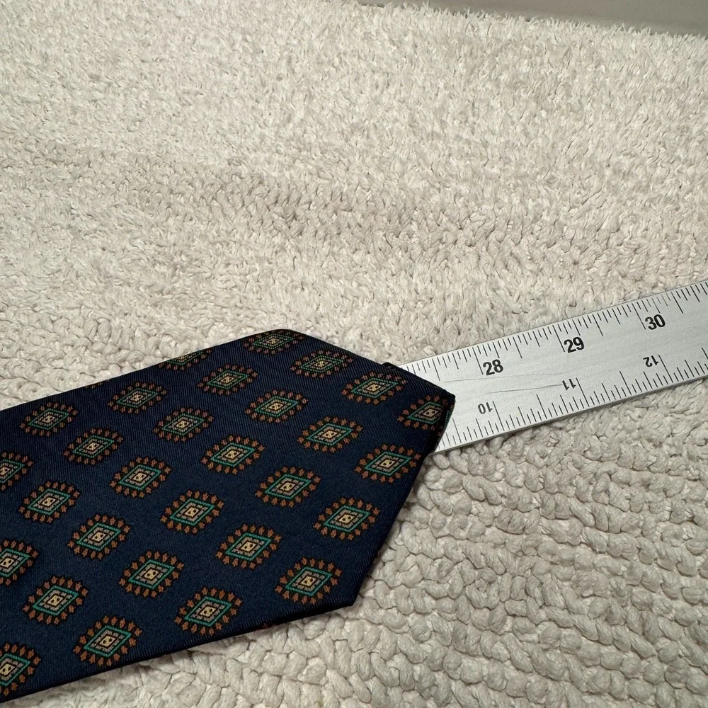 Vintage ClayBrooke Tie Blue Green Geometric Monogram Medallion Foulard Silk